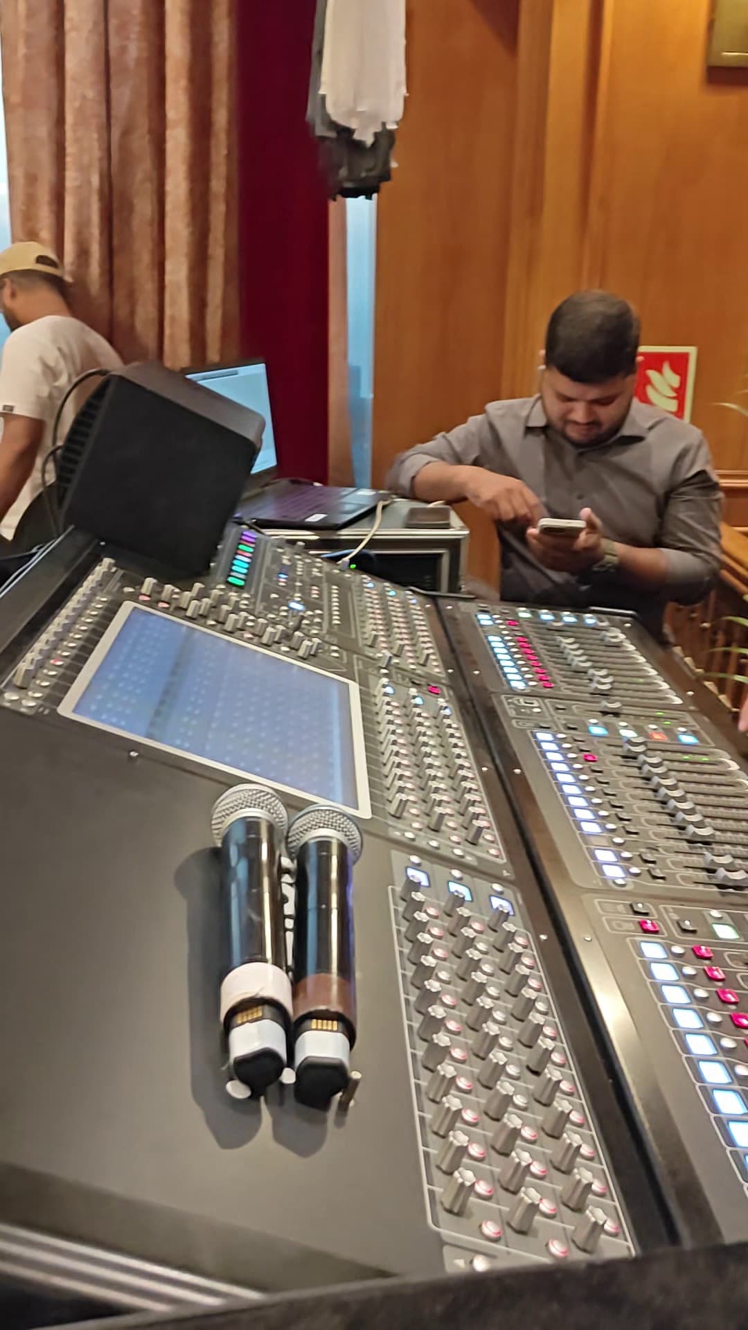 Digital mixing console during sound check — the console, amplifiers, and all connected equipment ran on battery power for the full 18-hour window